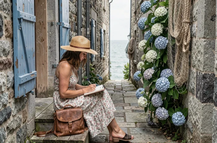Voyageuse solitaire dessinant dans un carnet dans une ruelle pittoresque d'un village côtier breton